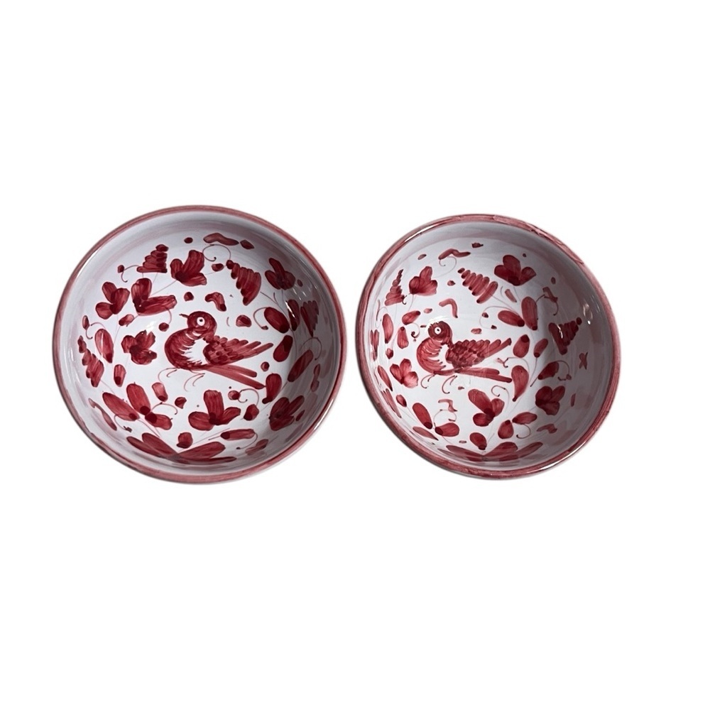 Decorative Italian Hand Painted Red Bird Bowls Pair